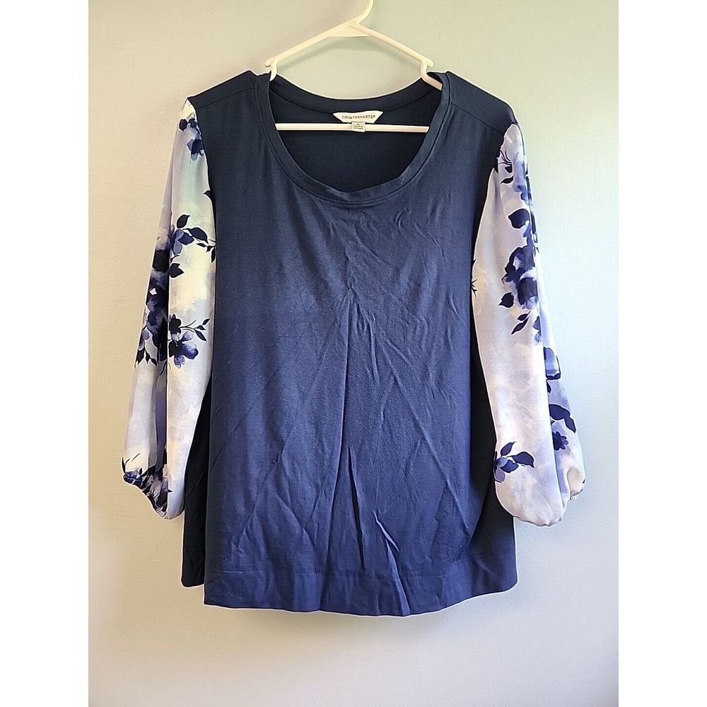 Counterparts Womens XL Blue Floral 3/4 Semi-sheer Sleeve Stretch Pullover Blouse